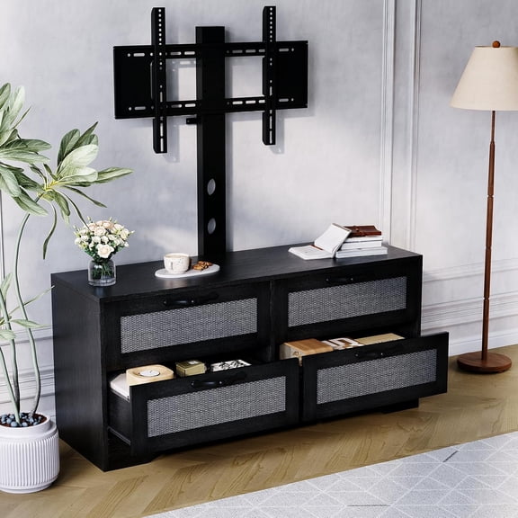 M optimized Rattan TV Stand with Mount, 4-Drawer Dresser Entertainment Center for TVs up to 60", Farmhouse Wooden Media Console for Living Room & Bedroom