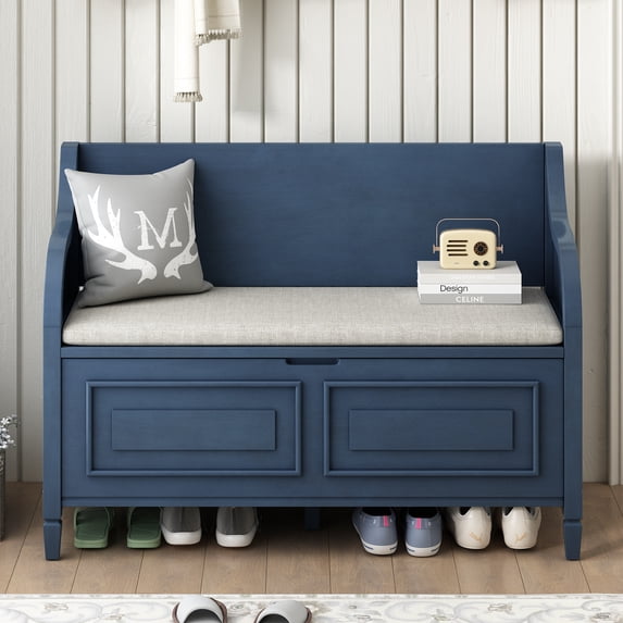 M optimized Retro Entryway Storage Bench with Removable Upholstered Cushion Safety Hinge Solid Wood Multi-functional Shoe Stool