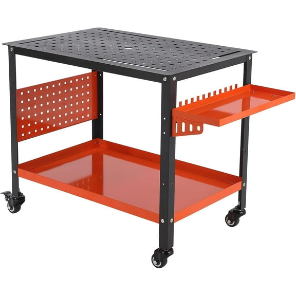 M optimized Rolling Workbench for Garage 36"x24"x29.8" Welding Table 600Lbs Load Capacity Steel Welding Workbench with Tool Tray, 5/8" Holes, 4 Tool Slot, Shelf Workstation Garage Desk Table Worktable
