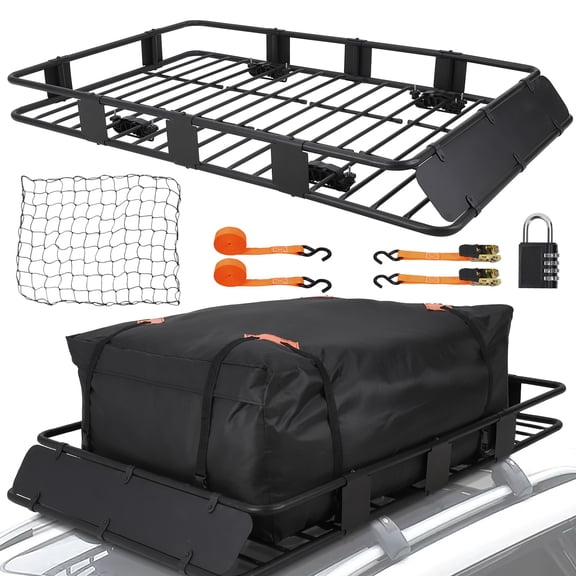 M optimized Roof Basket Cargo Carrier, 64"x39"x6" Universal 200LB Heavy Duty Roof Rack Basket with 15 Cubic Ft Waterproof Bag, Cargo Net, Ratchet Straps, Rooftop Cargo Carrier Luggage Holder