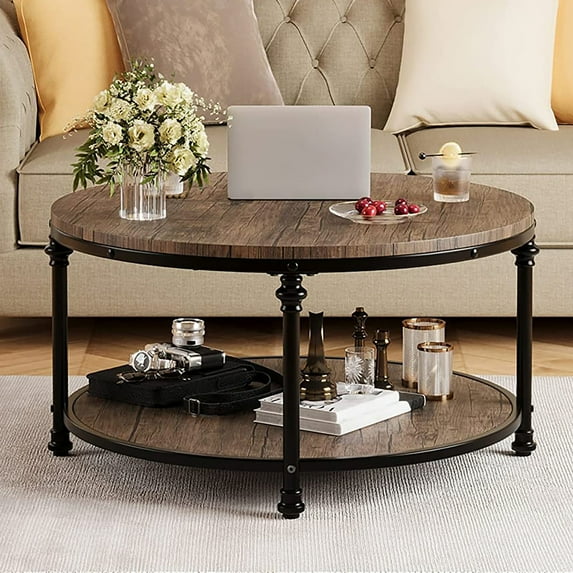 M optimized Round Coffee Table for Living Room Center Table with Storage Shelf Wood Circle Coffee Table with Sturdy Metal Legs, Easy Assembly