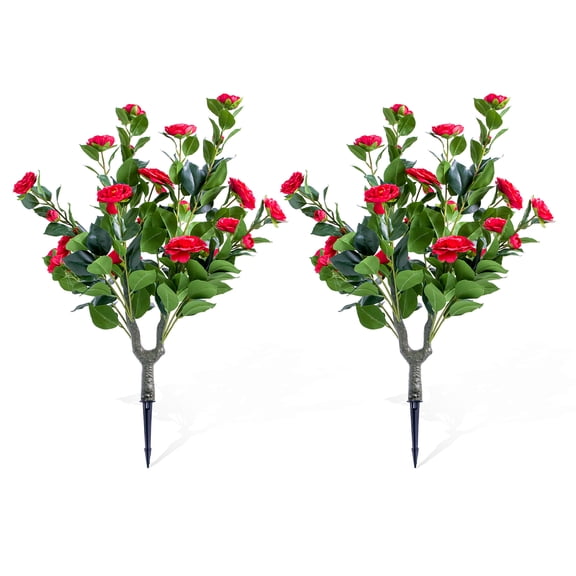 M optimized Set of 2 Artificial Topiary Ball Trees with Metal Stakes, 35.4" UV-Resistant PE Fake Plants with Red Camellia Flowers for Indoor/Outdoor Decor
