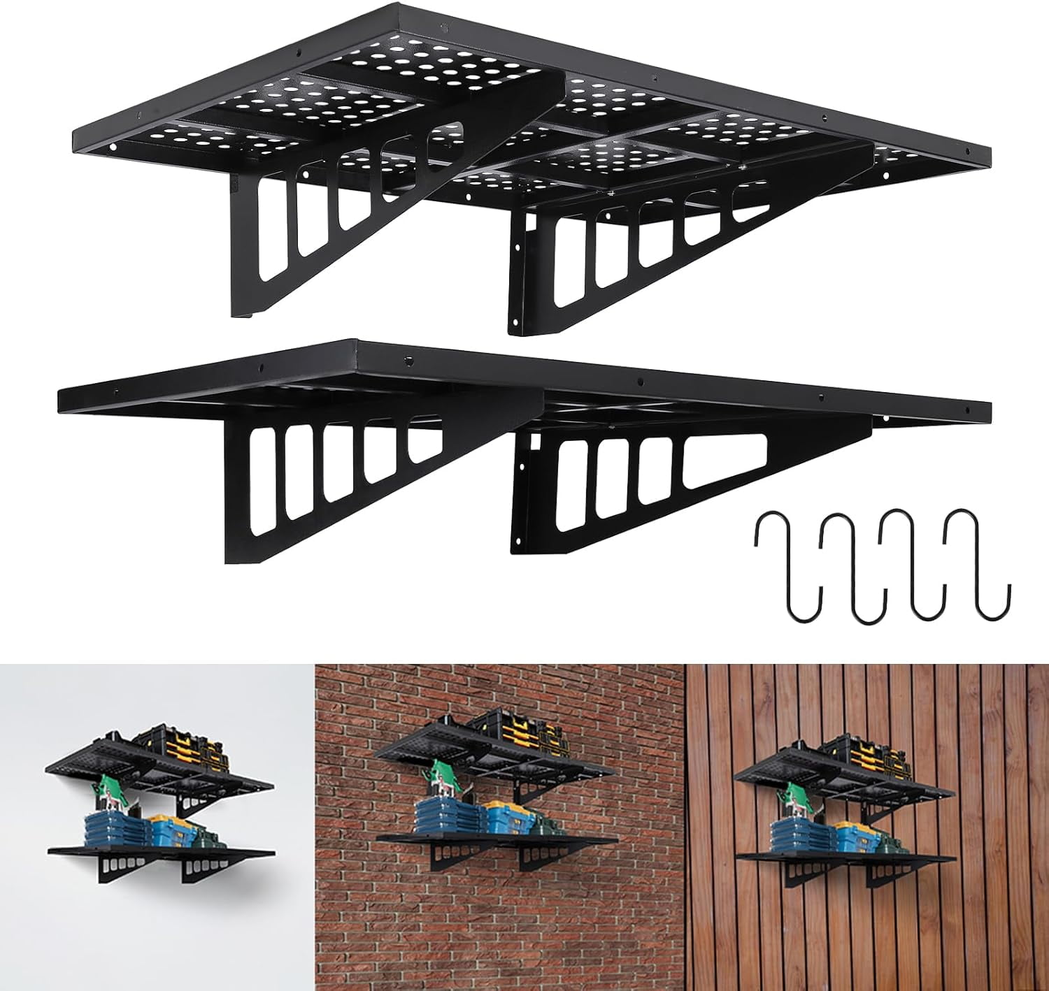 M optimized Set of 2 Garage Storage Rack 2x3ft Garage Wall Shelves Storage Floating Shelves 560lbs Capacity, 24"x36" Black
