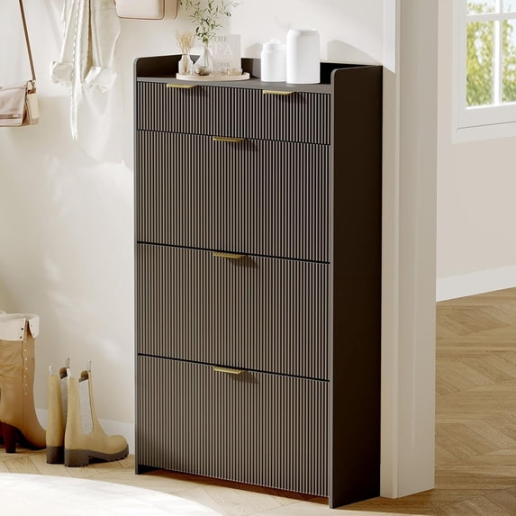 M optimized Shoe Cabinet with 3 Flip Drawers, Hidden Slim Narrow Shoe Cabinet for Entryway, Fluted Shoe Organizer with 2 Drawers, Modern Freestanding Shoe Rack for Hallway, Foyer