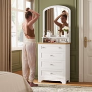 M optimized Small Drawer Dresser with Mirror, Charge Station and LED Strip, Space Save 4 Drawer Makeup Vanity Cabinet for Bedroom, Living Room, Entryway