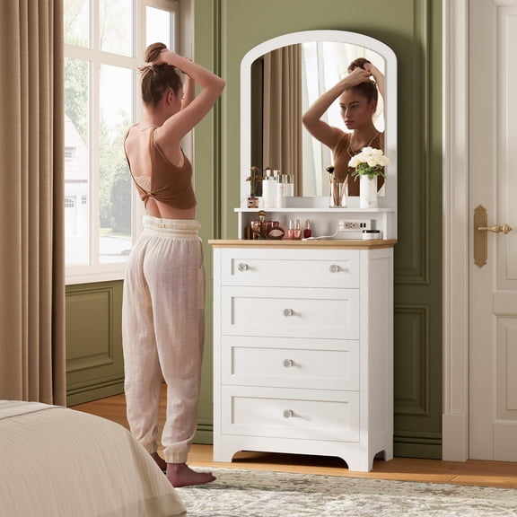 M optimized Small Drawer Dresser with Mirror, Charge Station and LED Strip, Space Save 4 Drawer Makeup Vanity Cabinet for Bedroom, Living Room, Entryway