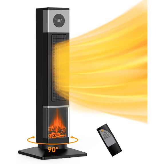 M optimized Space Heater 33" Tower Heater Electric Heater for Inside Home 1500W Portable PTC Ceramic Heater with Remote, 3D Flame Effect, 90°Oscillating Heater, 12H Timer, Heat Up to 200sq.ft, Black