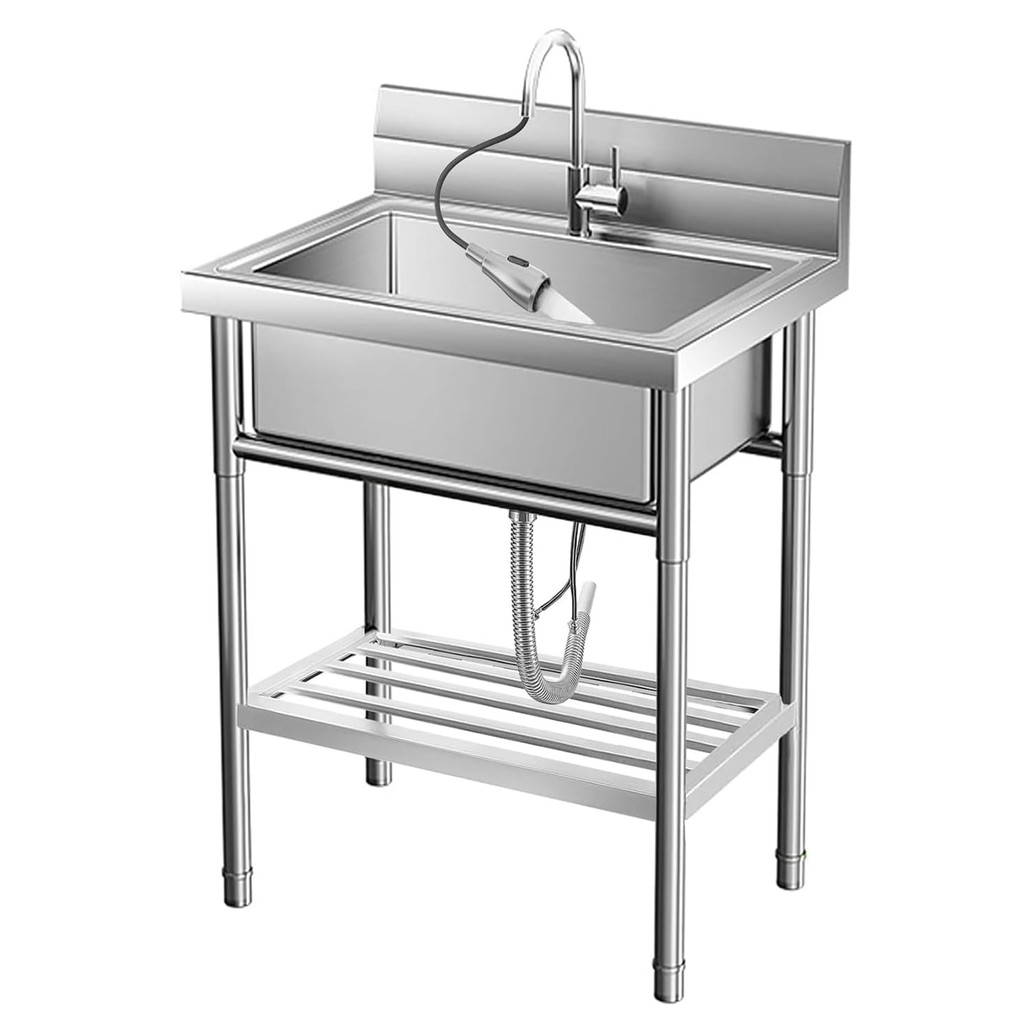M optimized Stainless Steel Utility Sink, Free Standing Single Bowl Laundry Sink with Cold and Hot Water Pipes&Pull-Down Faucet for Restaurant Indoor&Outdoor