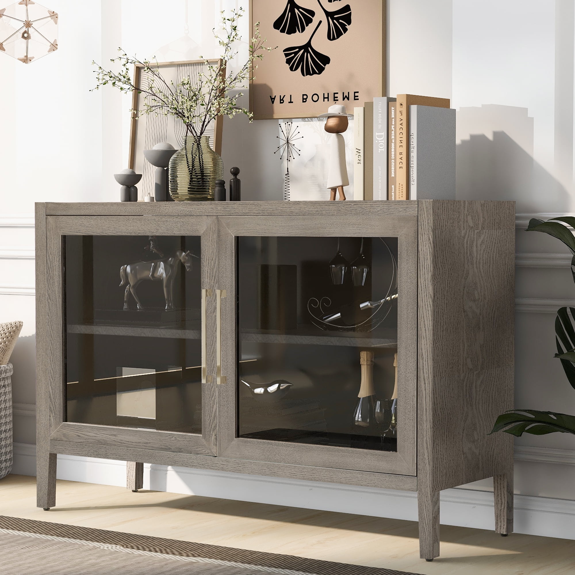 Real Relax 59" Farmhouse Buffet Cabinet With Glass Doors & Wine Rack - White Sideboard For Dining Room, Kitchen - View #8