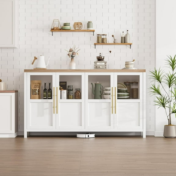 M optimized Storage Cabinet with Glass Doors 55" Buffet Cabinet with Storage, Multifunctional Accent Storage Cabinet Table for Kitchen Dining Room, Living Room