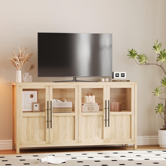 M optimized Storage Cabinet with Glass Doors 55" Buffet Cabinet with Storage, Multifunctional Accent Storage Cabinet Table for Kitchen Dining Room, Living Room