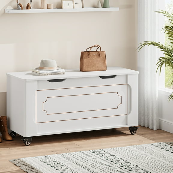 M optimized Storage Chest, Wooden Storage Bench with 4 Wheels, 39.4" Storage Trunk with 2 Safety Hinges, Supports 350 Lbs, Round Corner, U-Shape Cutout, for Entryway, Living Room, White