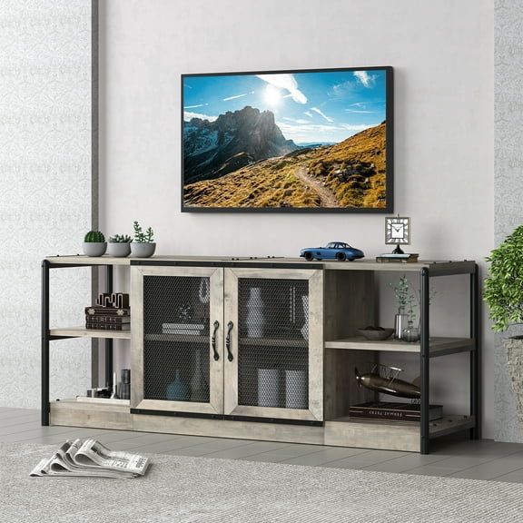 M optimized TV Stand for 65 inches TVs, Farmhouse Entertainment Center with Storage Cabinet and Mesh Doors, Industrial TV Media Console Cabinet Table, Media Furniture for Living Room