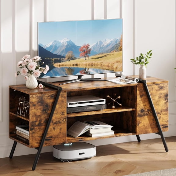 M optimized TV Stand with Slanted Metal Legs, Industrial Media Console with Adjustable Open Shelves, Wooden Entertainment Center Television Stand for Living Room, Bedroom