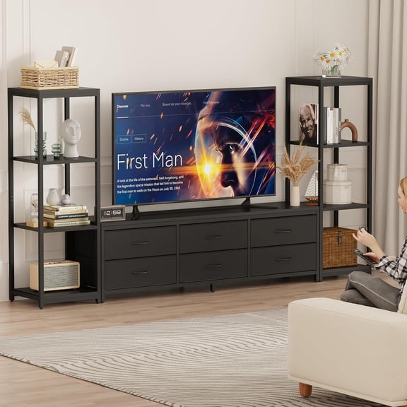 M optimized TV Stands for 75 inch TV Entertainment Center with 2 Industrial 4-Tier Bookshelves, Media Console Cabinet with 6 Fabric Drawers, Metal Frame