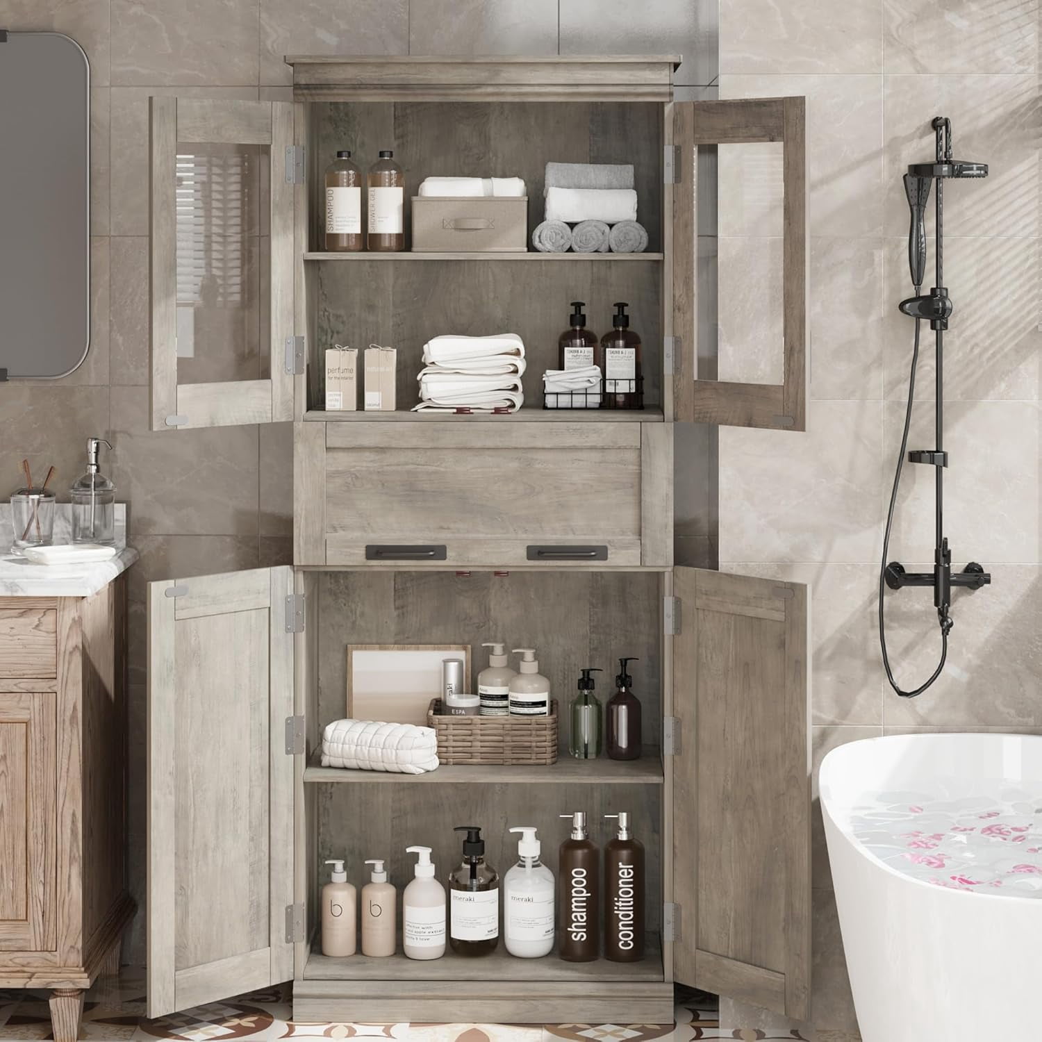 Elegant Tall Bathroom Storage Cabinet with Glass Doors