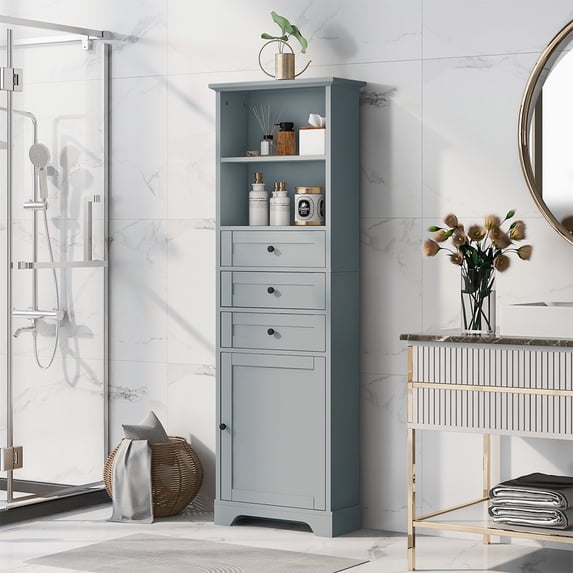 M optimized Tall Bathroom Storage Cabinet with 3 Drawers, 2 Open Shelf, Door, Wood Freestanding Cabinet Storage Shelf for Bedroom Kitchen Living Room