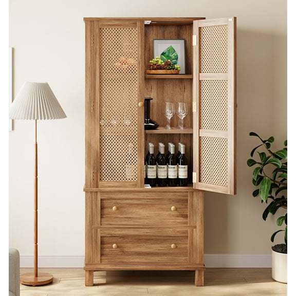 M optimized Tall Kitchen Pantry, Kitchen Storage Cabinet with Rattan Doors, Adjustable Shelf and 2 Drawers, Freestanding Cupboard for Living Room, Kitchen, 28.9"x15.2"x64.1" Light Brown