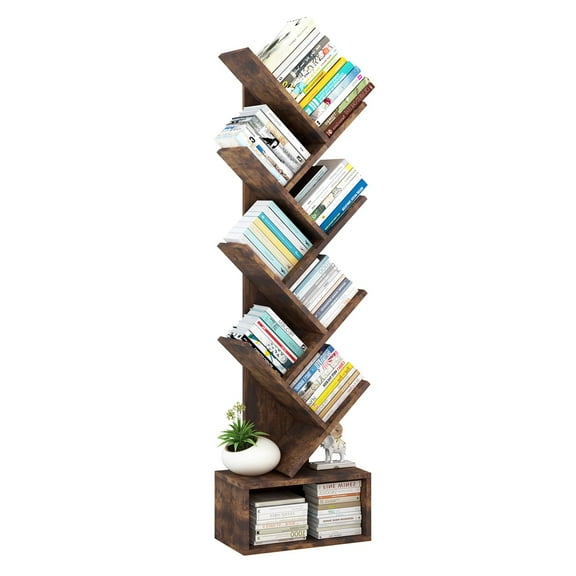 M optimized Tree Bookshelf 8-Tier Floor Standing Tree Bookcase, Utility Organizer Shelves for Living Room, Bedroom, Home Office, Brown