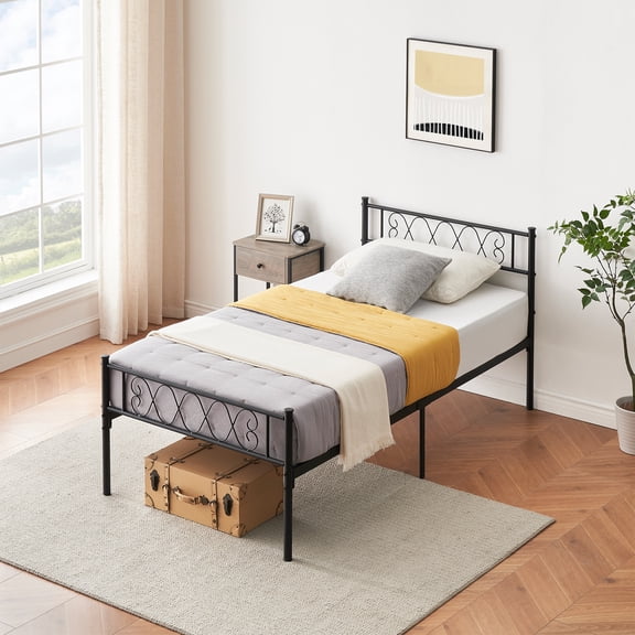 M optimized Twin Bed Frame with Iron-Art Sweet Heart, Metal Slats Support Platform Bed Frame with Headboard and Footboard, No Box Spring Needed, Black