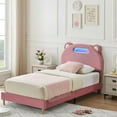 thumbnail image 1 of M optimized Twin Bed Frame Upholstered Platform with LED Lights Bear-shape Headboard, Wooden Slats Support, No Box Spring Needed Platform Bed Frame, 1 of 7