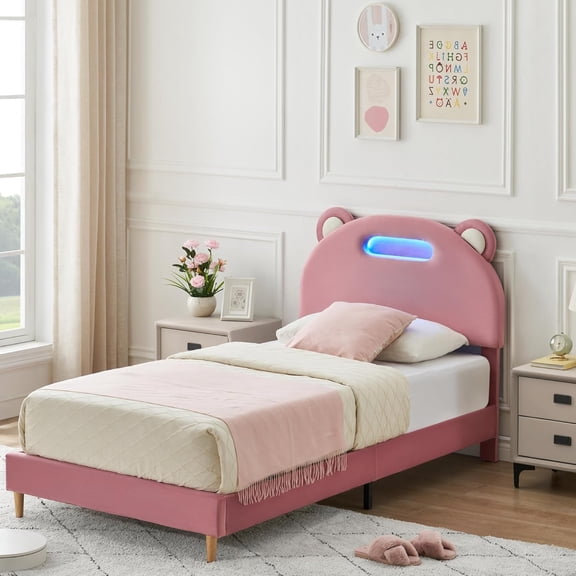M optimized Twin Bed Frame Upholstered Platform with LED Lights Bear-shape Headboard, Wooden Slats Support, No Box Spring Needed Platform Bed Frame