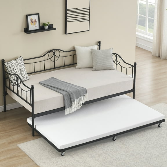 M optimized Twin Bed with Trundle, Twin Daybed and Pull Out Trundle Set, Metal Sofa Bed Frame with Steel Slat Support for Living Room, Bedroom, Guest Room