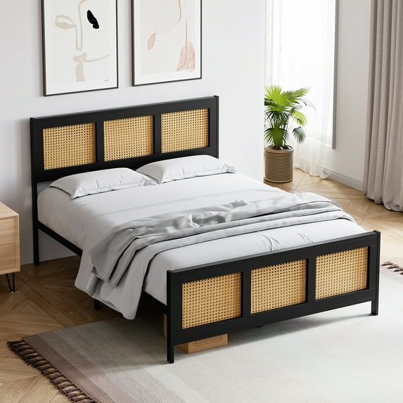 M optimized Twin/Full/Queen Size Bed Frame with Rattan Headboard and Footboard, Black Rattan Platform Bed Frame, Noise-Free, No Box Spring Needed, Easy Assembly