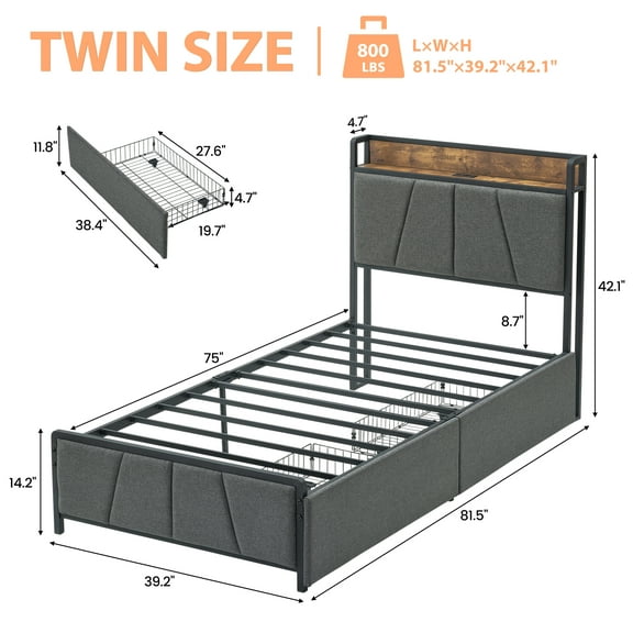 M optimized Twin Size Bed Frame with 2 Storage Drawers and Charging Station, Linen Upholstered Platform Bed Frame with Storage Headboard, No Box Spring Needed