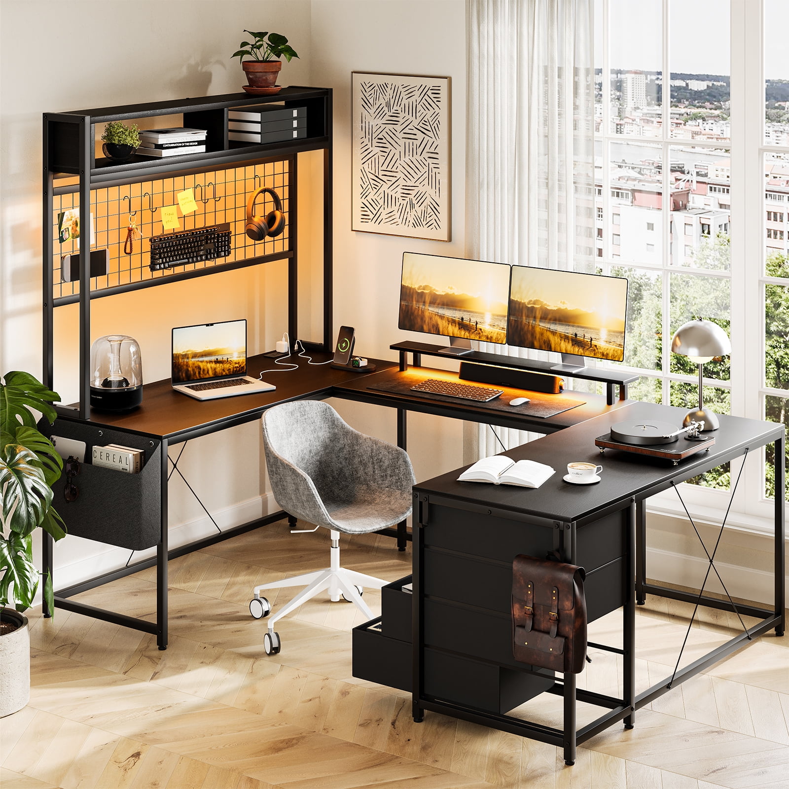 M optimized U Shaped Desk with Monitor Stand and LED Lights, U Shaped ...