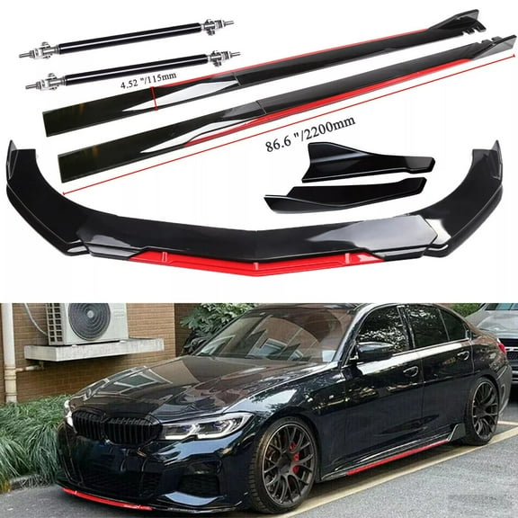 M optimized Universal Front Bumper Lip Splitter Spoiler 86.6" Side Skirt Extension Modification Kit, Black Red