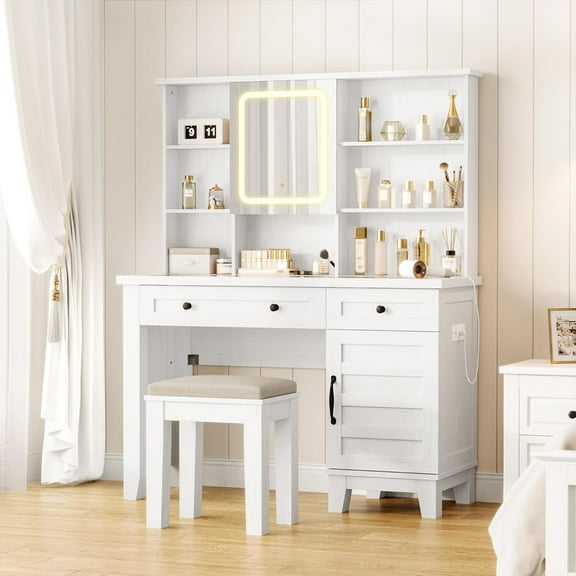 M optimized Vanity Desk with HD Mirror, LED Lights and Charging Station, Makeup Table with 2 Drawers and Cushioned Stool Dressing Table Shelves and Side Organizer for Bedroom Dressing Room