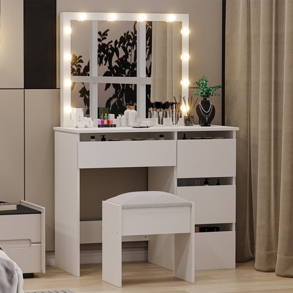 M optimized Vanity Desk, Makeup Vanity Desk with Touch Light Mirror and Power Outlet, Makeup Table with Stool and 4 Drawers for Bedroom