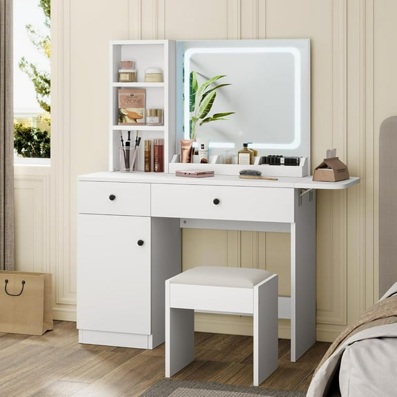 M optimized Vanity Desk with Mirror and LED Light, Makeup Vanity Desk with Drawers and Open Shelf and Storage Cabinet, Dressing Vanity Set with Faux Leather Stool