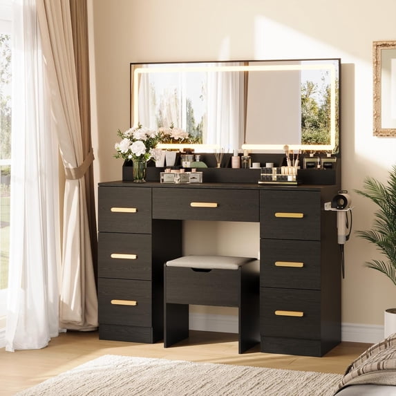 M optimized Vanity Desk with Mirror and Lights, Makeup Vanity Desk, 3 Lighting Modes Adjustable Brightness, Vanity Table with Power Outlet & 7 Drawers, for Dressing Room Bedroom