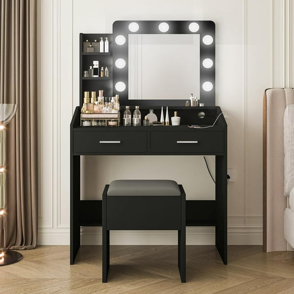 M optimized Vanity Desk with Mirror and Lights, Makeup Vanity with Power Outlet & Cushioned Stool, 3 Lighting Modes Adjustable Brightness, Dressing Table with Hairdryer Holder for Bedroom