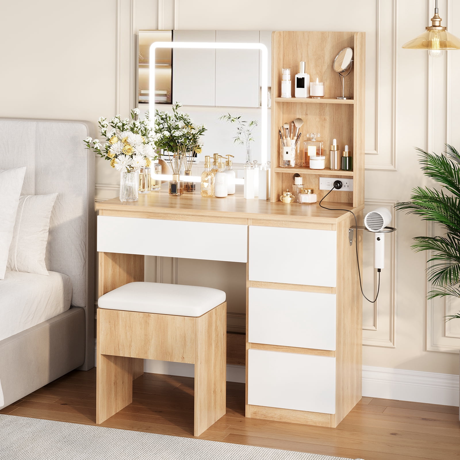 M optimized Vanity Desk with Mirror and Lights - Modern Makeup Dressing Table with Outlets, Storage Stool, 4 Drawers & Hair Dryer Holder - 3 Colors LED Vanity Mirror, Vanities for Bedroom