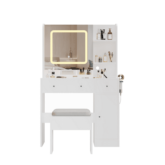 M optimized Vanity Desk with Mirror, Makeup Desk with Lights in 3 Colors, Vanity Table with Charging Station, 3 Drawers, 3 Storage Shelves for Bedroom