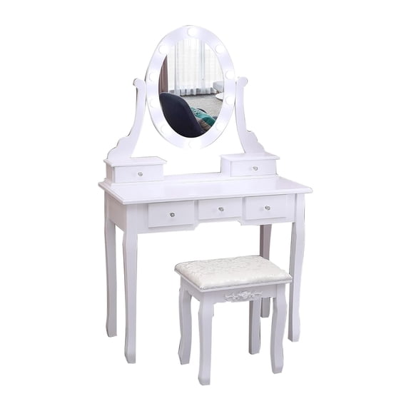 M optimized Vanity Desk Set, Dressing Table Mirror with Lights and Drawers, Wood Makeup Table with Stool, 3 Lighting Modes Brightness Adjustable for Bedroom