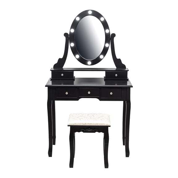 M optimized Vanity Desk Set, Dressing Table Mirror with Lights and Drawers, Wood Makeup Table with Stool, 3 Lighting Modes Brightness Adjustable for Bedroom