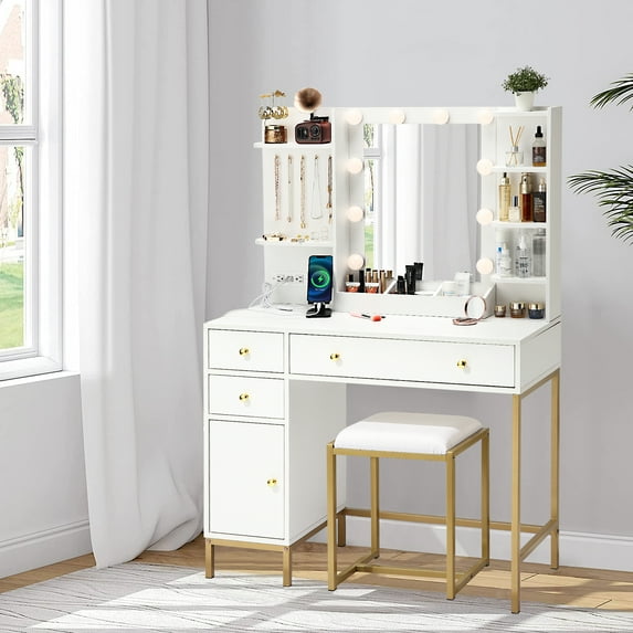 M optimized Vanity Desk with Stool and Charging Station, White Vanity Set with Mirror & Lights, 3 Lighting Colors, Large Makeup Table for Bedroom Dressing Room