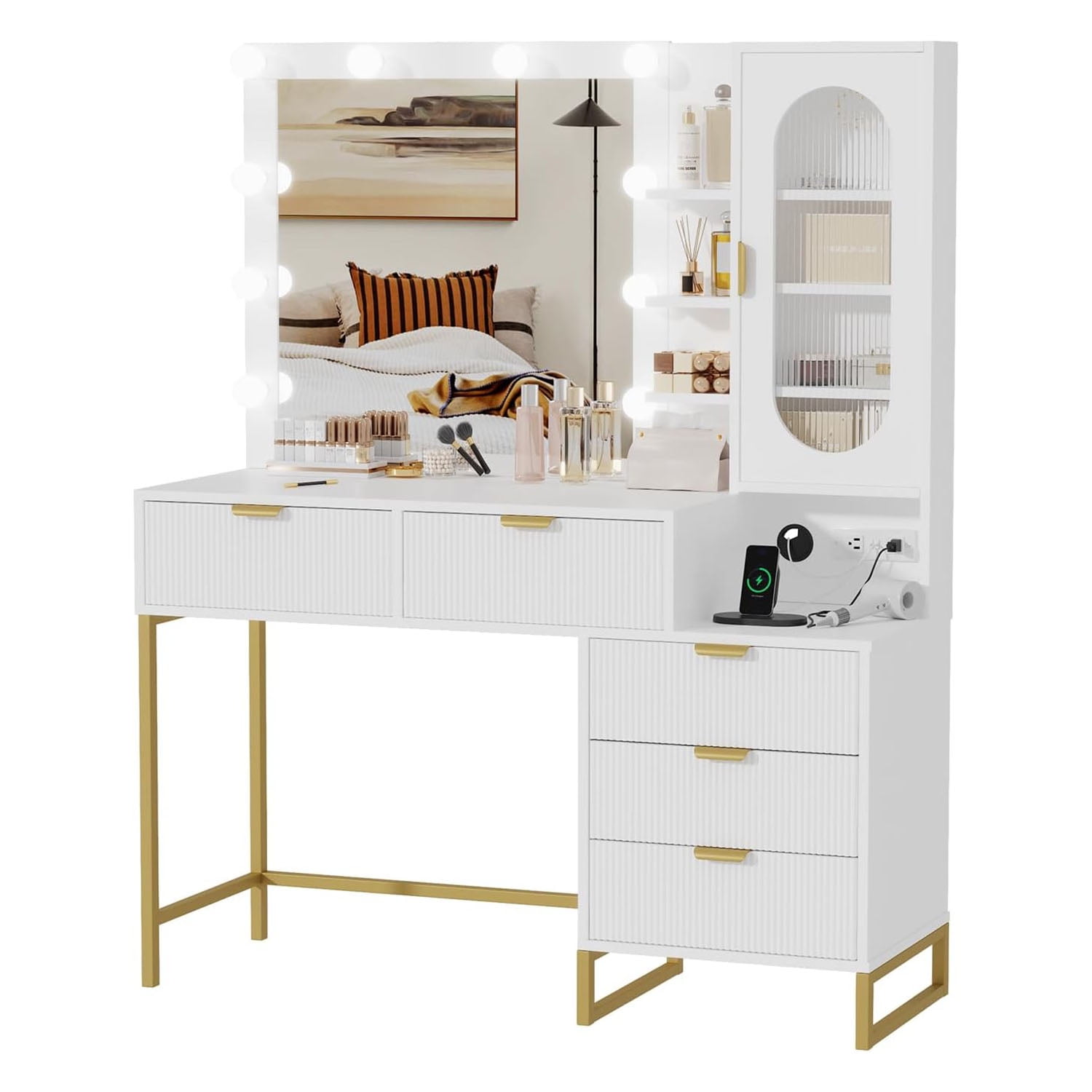 M optimized Vanity Mirror with Lights and Table & Power Outlet, Makeup