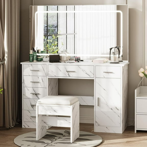 M optimized Vanity Table with Chair Set, Makeup Vanity Desk with Lights, Mirror and 7 Drawers, 3 Light Mode and Brightness Adjusted, Make Up Table with Hairdryer Holder for Bedroom