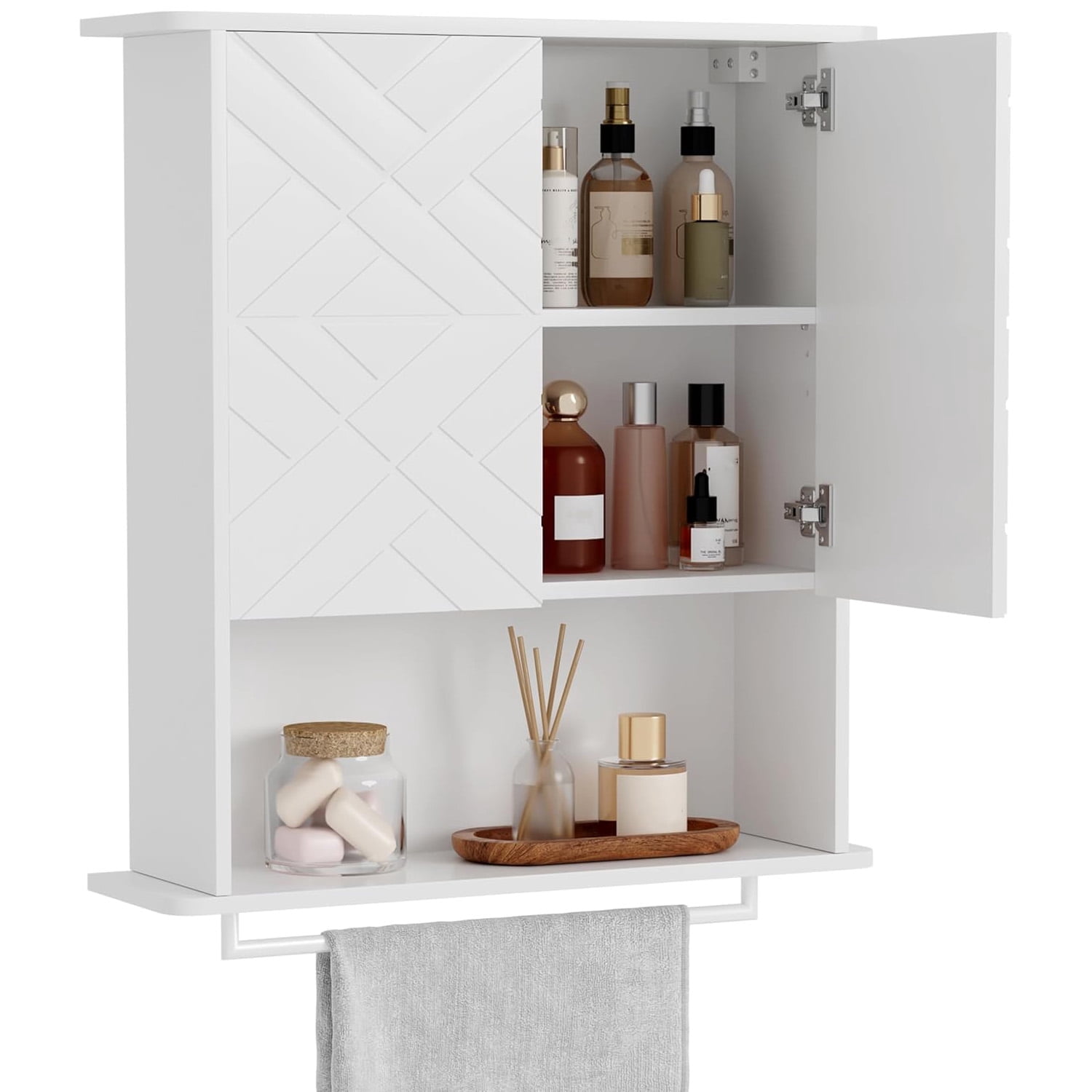 M optimized Wall Mount Cabinet, Wood Floating Bathroom Storage Cabinet with Adjustable Shelf, Towel Bar, 2-Tier Cabinet for Bathroom Living Room Laundry Room Kitchen