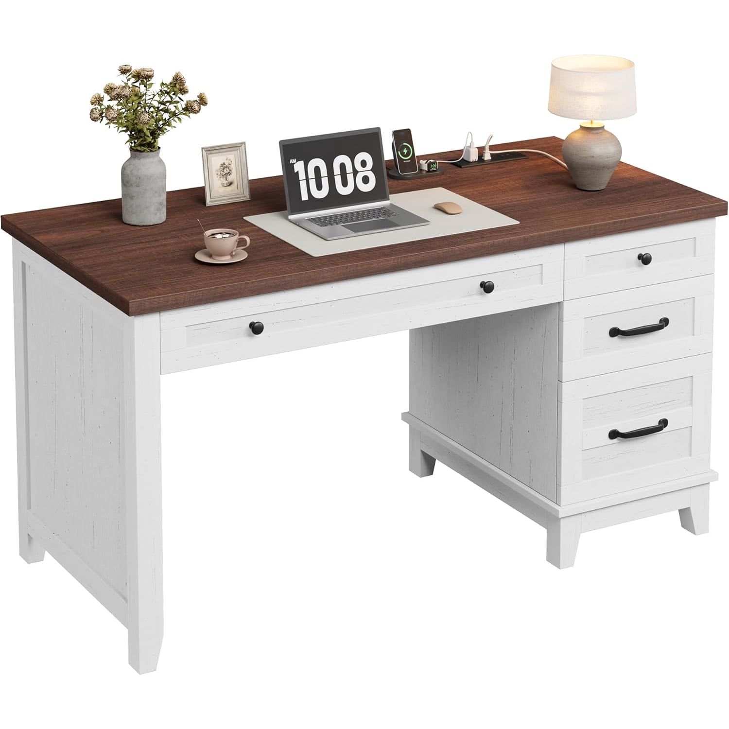 M optimized Wood Executive Desk with Power Outlet, Home Office Desk with Drawers, Work Desk with File Cabinet, Computer Desk for Work, Study, Writing