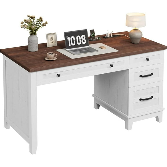 M optimized Wood Executive Desk with Power Outlet, Home Office Desk with Drawers, Work Desk with File Cabinet, Computer Desk for Work, Study, Writing
