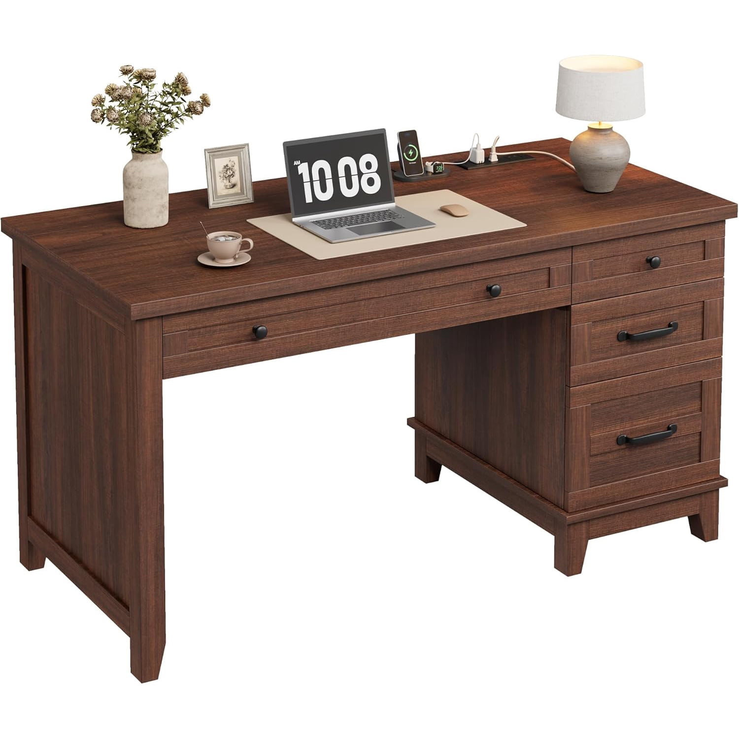 M optimized Wood Executive Desk with Power Outlet, Home Office Desk with Drawers, Work Desk with File Cabinet, Computer Desk for Work, Study, Writing