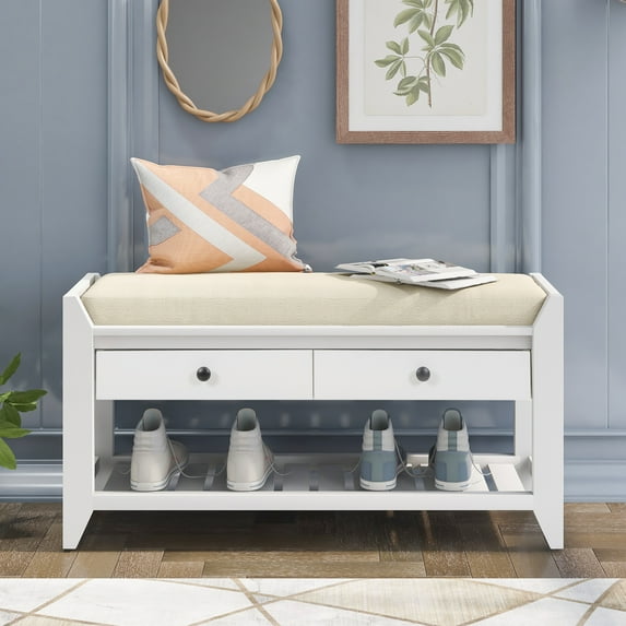 M optimized Wooden Shoe Rack Bench, Multipurpose Shoe Bench with Cushion Seating, Bottom Shelf and 2 Storage Drawers for Hallway Entryway Living Room Bedroom