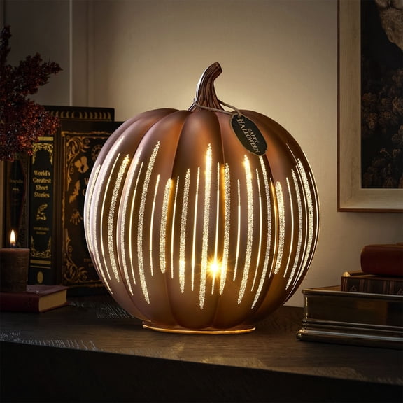 M's M Pre-Lit Rotating Shimmer Pumpkin, Orange Halloween Decoration with LED Lights
