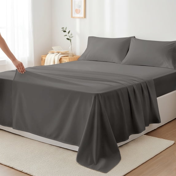 Máulli Collection Full Size Bed Sheets - 400 Thread Count 100% Cotton Hotel Collection Sheets (4 PC, Dark Grey), Soft, Cooling Sateen Weave Sheet Set